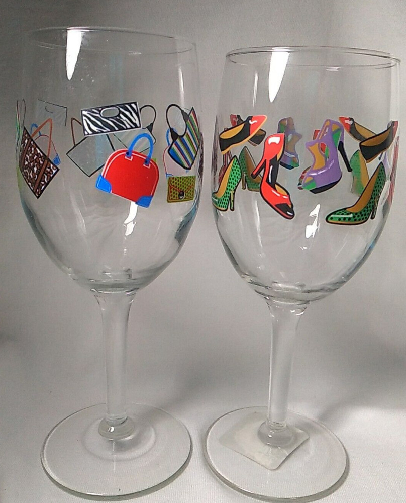 Set of 2 Wine Drinking Glasses Multicolor Handbags Shoes Fashionista 7″ Tall