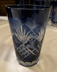 Cobalt Blue Cut To Clear Tall Tumbler Glass Diamond And Fan Star Cut 5.5”