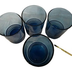 Handblown Juice Glasses Cobalt Blue Tumblers -Rare Color- Set Of Four