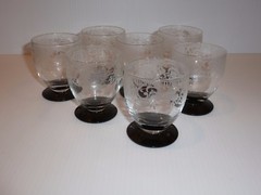Elegant Set 7 Small Footed Tumblers, Black Base, Floral/Scroll Etch