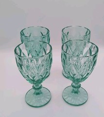 Cobalt Green Glass Stem Goblet Wine Water Diamond Relief Pattern Set 4 Glassware