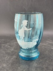 Antqiue Light Blue Mary Gregory Glass Hand Painted Tumbler Ribbed Gold Rim
