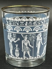 7 Vtg Hazel Atlas Blue & White Egyptian Hieroglyphs 3.5″ Low Highball Glasses