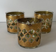 Vintage Set of 3 Culver Valencia Tumbler Glass with 24k Gold and Green Diamonds