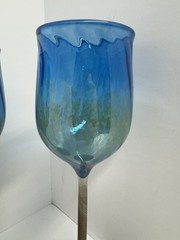 Set 2 Hand Blown Studio Art Wine Glasses Blue Iridescent w/ Twisted Cane Stems