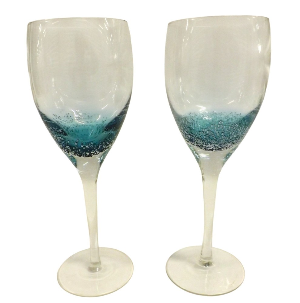 Roscher & Company Teal Blue Aqua Air Bubbles Clear Stem Wine Glasses Set Of 2