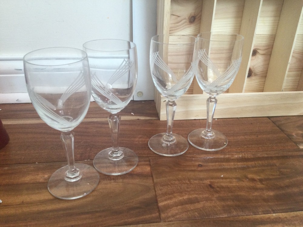 lot 4 Libbey Wine Glasses Cut Crystal # 3001 grey intersecting lines cut 7»