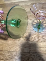 Set of Two Tiffin Pink Green Sherbet Wine Stems Watermelon Uranium Glass 5.25in