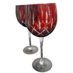 Vintage Bohemian Ruby Red Cut to Clear Globe Crystal Wine Glasses Goblets 2 pc