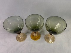 Bryce 894 Smoke Green Goblets Topaz Amber Stem Blown Glass Pear Shape – Set of 3