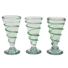 VTG Mexican Hand Blown Green Swirl Iced Tea Glasses Set of 3 Art Goblets 7″