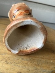 Vintage Primitive Tan Swirl Wood Fired Art Pottery Chalice Goblet 8” Signed