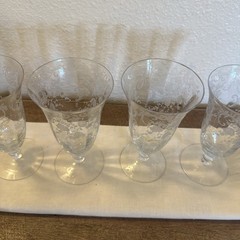 Set of 4 Vintage Dining Etched Rose Pattern Stemmed Iced Tea Water Glasses