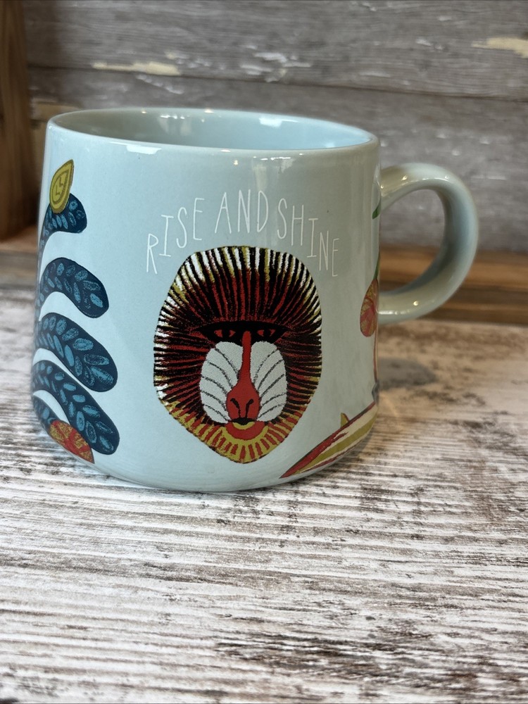 Opalhouse Teal Blue Coffee Tea Mug Cup RISE AND SHINE 16 oz Monkey Leaves