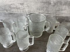 vintage Clear pitcher (1) and (9) glassware With Handles set 10 Pcs