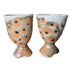 Goblet Pair Art Pottery Ceramic Wine Abstract Glazed Signed Irregular Rim