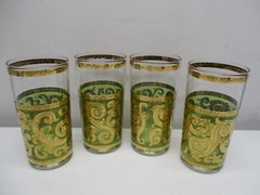MCM Set of 4 Culver TOLEDO Green Gold Scroll Highball Glasses Tumblers 12 oz.