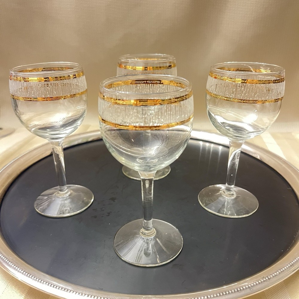 Culver Icicle Set of 4 Wine Glasses 6 oz MCM Clear Glass 22K Gold Trim