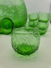 Vintage MCM Italian Empoli Crinkle Glass Green Punch Bowl & laddle