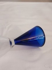 Set of 4 EON BLUE Sasaki Deco Glass COBALT Stem Base Clear Bowl WATER GOBLETS