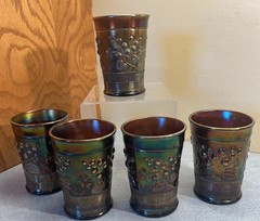 5 Vintage Northwood Raspberries Carnival Glass 4″ Tumblers Iridescent Purplegold