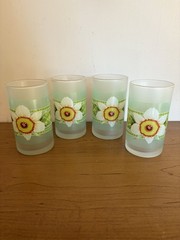 Set Of 4 Vintage Light Green Frosted Floral Tumblers Glasses W/Gold Rim 4.24”