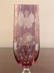Romanian Etched Butterflies Ladybugs Dragonflies Amethyst CHAMPAGNE Glasses 6 PC