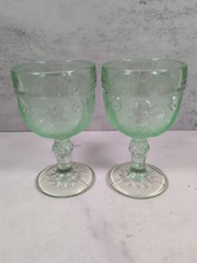 Indiana Tiara Chantilly Green Glass Cordial Goblet Sandwich Floral Set of 2