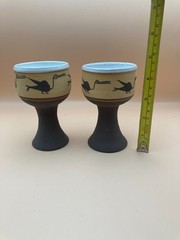 Vtg Southwest Style Pottery Goblet 2 Set Hand Painted Bird Design Pedestal 5″