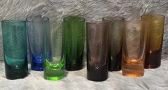 Vintage Circleware Color Glass Liqueur Glasses, Mid-Century Barware Set Of 8