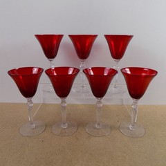 7 Cambridge Glass Ruby Red 3035 Liquor Cocktail Glasses Ribbed Ball Stem VGC