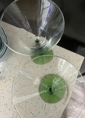 Libbey Courbe Set,4 Martini Cocktail Glass,Green ZigZag,Wavy Stem,”Flower” Bowl