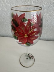 Crystal Hand Painted Poinsettias 1 Goblets w/Rhinestones & Gold Trim 9 1/2″