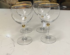 4 Vintage Bohemia Crystal -Crystalex BOC42 Balloon Water Glass Gold Ball Stem