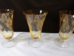 Set of 5 Fostoria Topaz Yellow Glass Trojan Ice Iced Tea Goblets Footed Tumblers