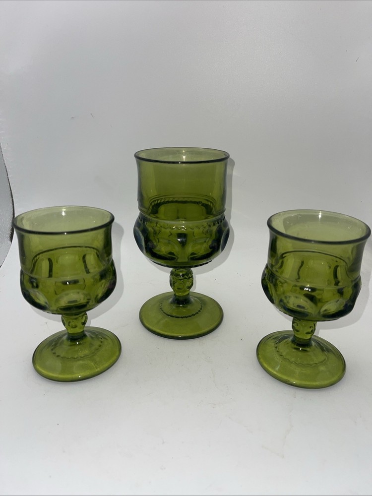 VTG Set of 3 Indiana Glass Kings Crown Green Thumbprint Wine Goblets Glasses
