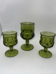 VTG Set of 3 Indiana Glass Kings Crown Green Thumbprint Wine Goblets Glasses