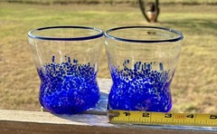 2 Vintage Block Basic Blown Art Glasses Dark Blue Speckled. MCM Beautiful 4”