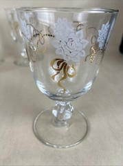 Set of 5 Linnet Goblet Gold Bow & Rim Frosted Flowers Bubble Stem Base 5.5″