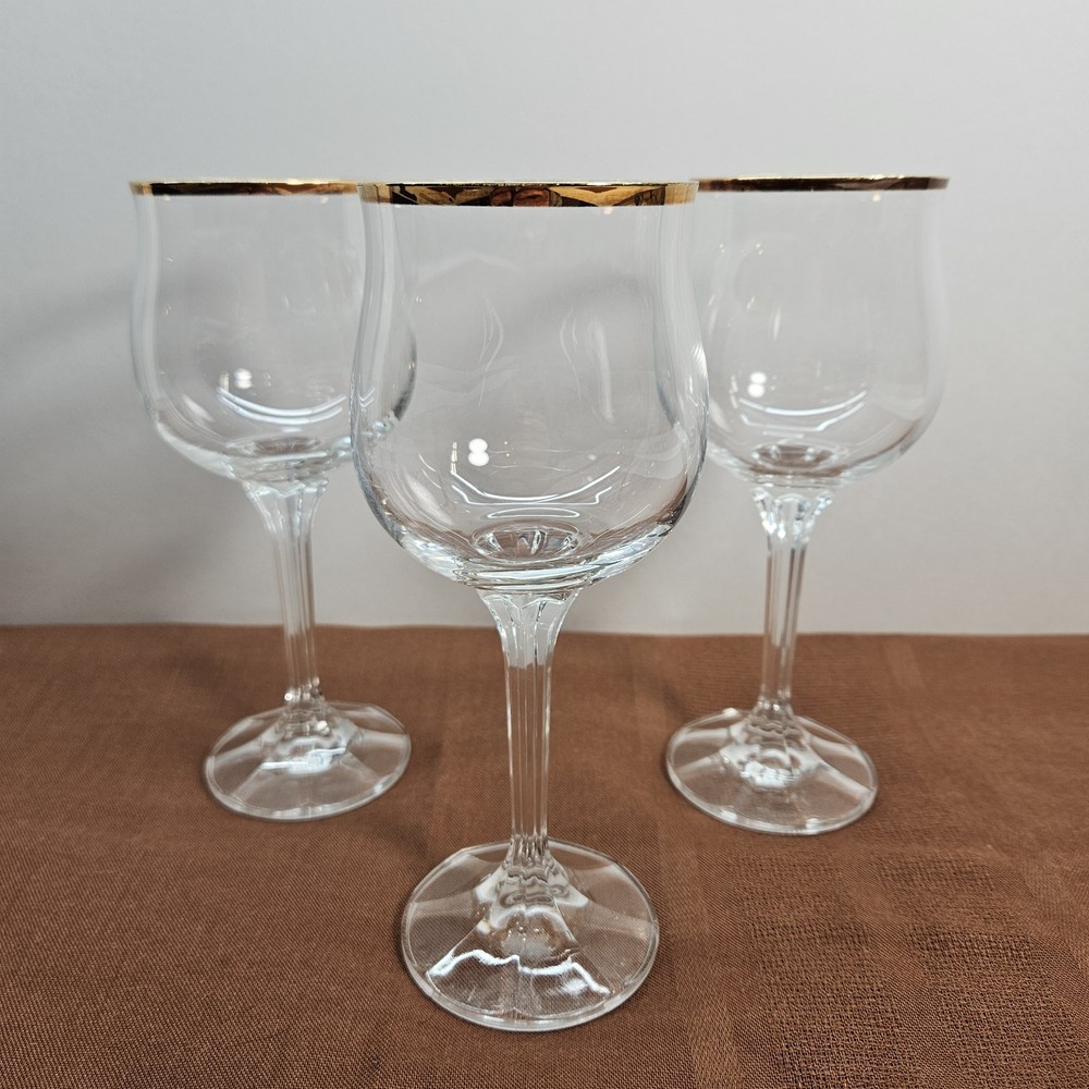 3 Piece Vintage Crystal Gold Rimmed/Trim Stem Wine Glasses