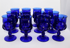 Indiana Glass Cobalt Blue Kings Crown Thumbprint Goblets Set of 12 Vintage Stem