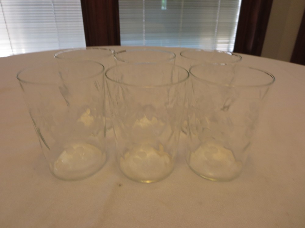 Set of 6 Vintage Etched Grape Optic Clear Glass 4” Tumblers