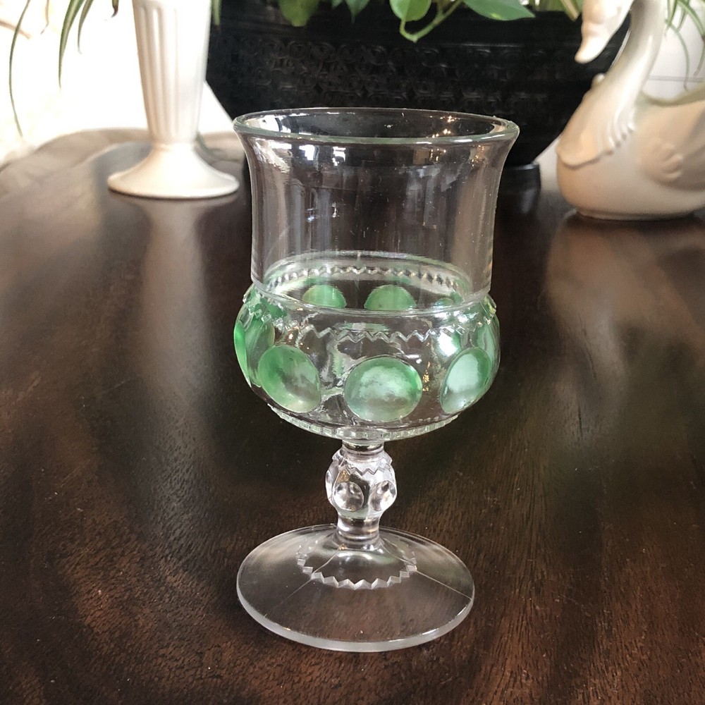 RARE 1891 KINGS CROWN THUMBPRINT 5 5/8″ GOBLET-GREEN DOTS XLCR ADAMS & CO EAPG