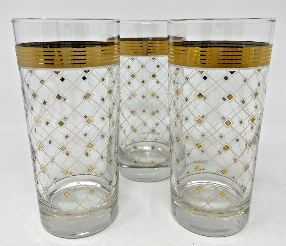 3 MCM Culver Gold Trim & Diamonds White Lattice Highball Tumbler Drink Glasses