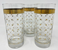3 MCM Culver Gold Trim & Diamonds White Lattice Highball Tumbler Drink Glasses