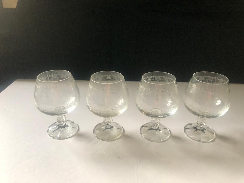 4 Vtg Bohemian Crystal Cascade Snifters Brandy Etched Swag Knob Stem Panel Base