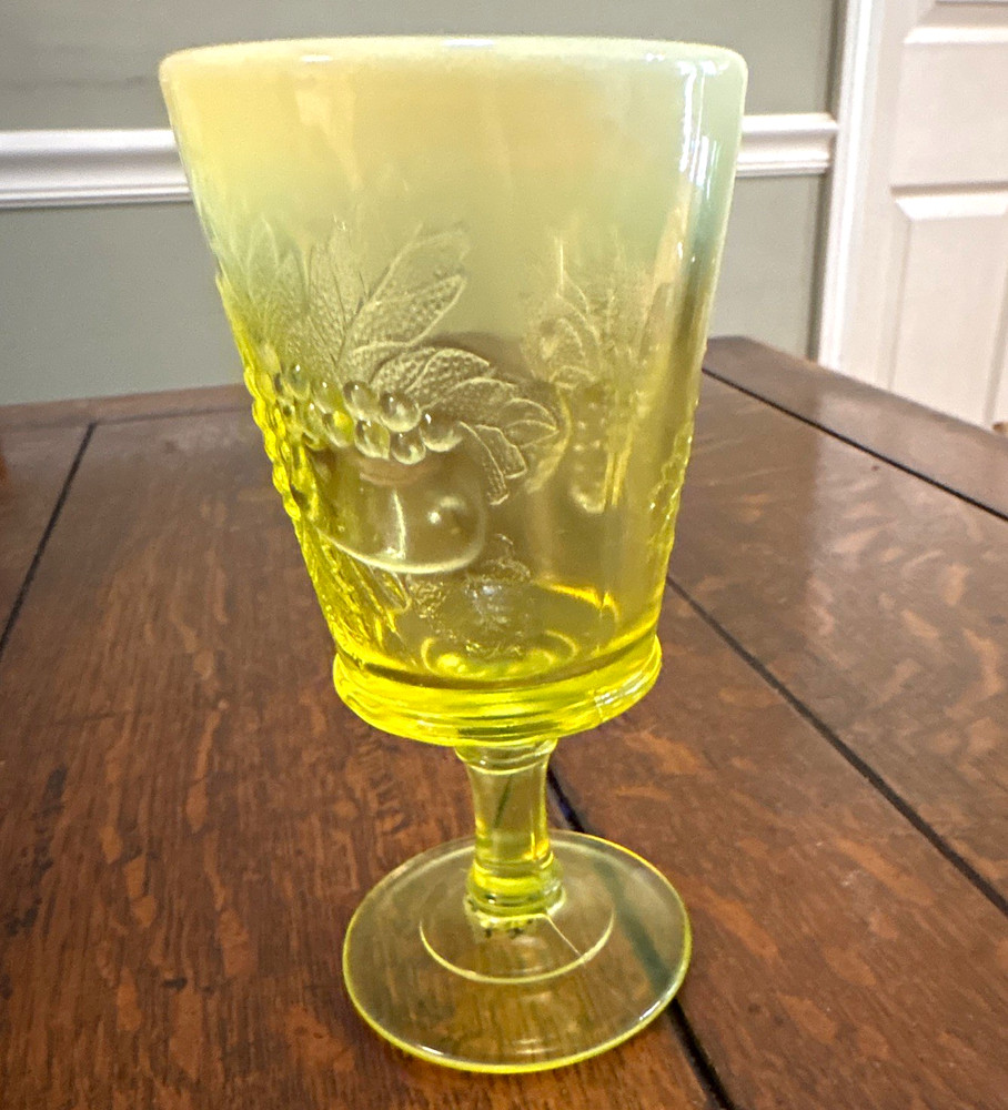 Yellow Pressed Glass Goblet, Grapevine Grape & Leaf Pattern Stemmed