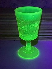 Vtg LG Wright Strawberry Currant Footed Goblet Vaseline Opalescent Glows 6 1/4″