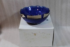 4 AVON Royal Sapphire 6.25″ Cereal Bowls France Glass Cobalt Blue Cut Fan MIB AD