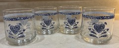 Set Vintage Blue Heart Spongeware 3” Juice Drinking Glasses Country Cottagecore